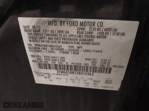 2014 Ford Flex SE z VIN 2FMGK5B81EBD10362, wystawiony jako IAAI lot #42429713 z przebiegiem 116 269 mil mil oraz . Historia ofert i sprzedaży dostępna na DreamBid. Obrazek 9.