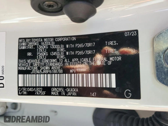 2023 Toyota 4Runner SR5 Premium with VIN JTENU5JR8P6188788, listed as a Copart auction lot 56665055 with 29,121 mi miles and Salvage title. Bid and sale history available at DreamBid. Image 12.