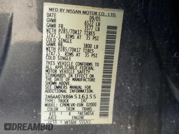 2006 Nissan Titan LE z VIN 1N6AA07B86N516155, wystawiony jako Copart lot #49080025 z przebiegiem 152 345 mil mil oraz Szkoda całkowita • Salvage title. Historia ofert i sprzedaży dostępna na DreamBid. Obrazek 14.