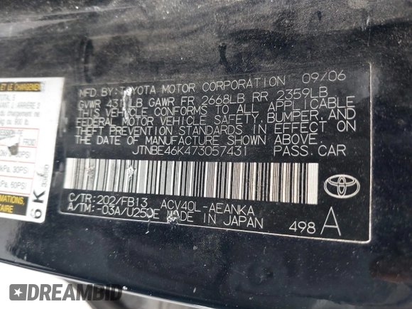 2007 Toyota Camry CE with VIN JTNBE46K473057431, listed as a IAAI auction lot 41941811 with 245,059 mi miles and . Bid and sale history available at DreamBid. Image 9.