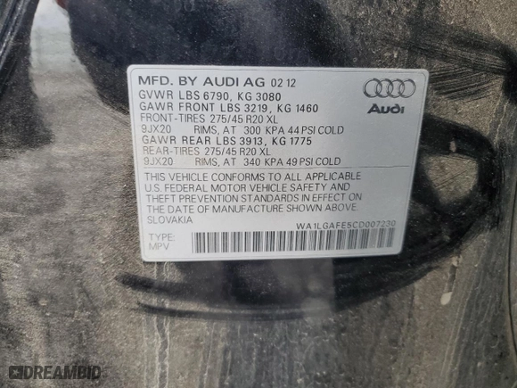 2012 Audi Q7 3.0T Premium Plus with VIN WA1LGAFE5CD007230, listed as a Copart auction lot 47788965 with 105,683 mi miles and Clean Title. Bid and sale history available at carsss.com. Image 13.