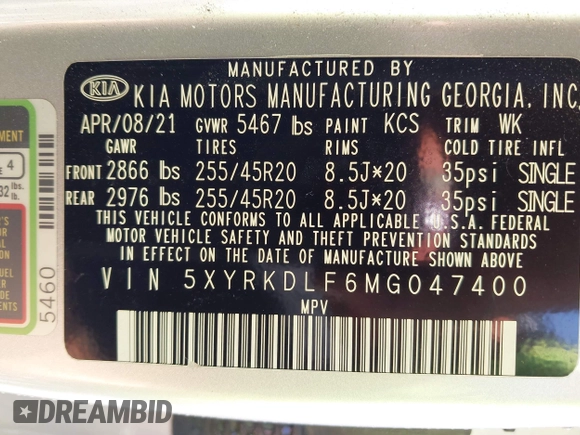 2021 Kia Sorento SX Prestige X-Line with VIN 5XYRKDLF6MG047400, listed as a IAAI auction lot 40167581 with 57,654 mi miles. Bid and sale history available at carsss.com. Image 9.
