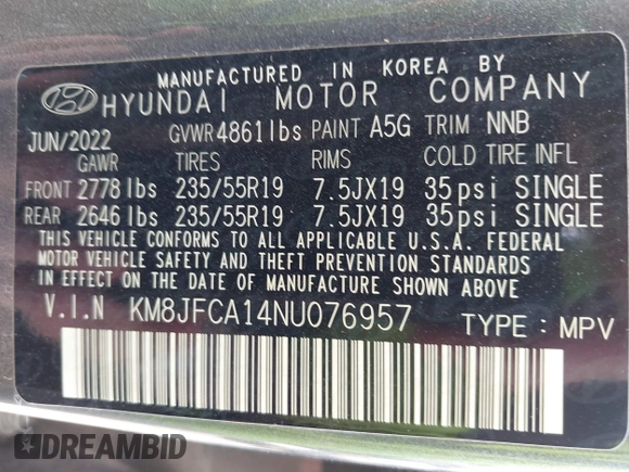 2022 Hyundai Tucson SEL Convenience with VIN KM8JFCA14NU076957, listed as a IAAI auction lot 42038770 with 20,057 mi miles and . Bid and sale history available at carsss.com. Image 9.