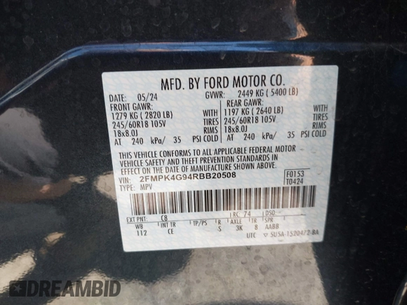 2024 Ford Edge SE с VIN 2FMPK4G94RBB20508, выставлен на аукционе IAAI как лот 42643533 с пробегом 8 858 миль миль и . История ставок и продаж доступна на DreamBid. Изображение 9.