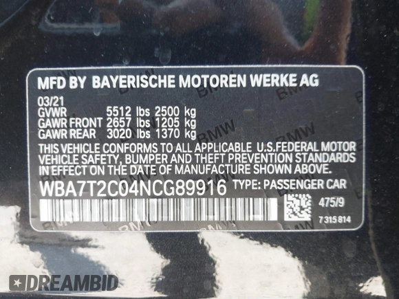 2022 BMW 7 Series 740i with VIN WBA7T2C04NCG89916, listed as a IAAI auction lot 41319575 with 31,062 mi miles. Bid and sale history available at carsss.com. Image 9.
