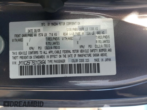 2006 Mazda MX-5 Miata Touring with VIN JM1NC25F760103494, listed as a Copart auction lot 50738485 with 117,089 mi miles and Salvage title. Bid and sale history available at DreamBid. Image 14.