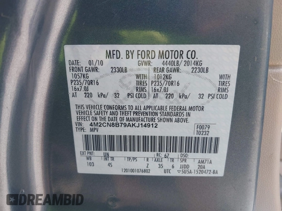 2010 Mercury Mariner с VIN 4M2CN8B79AKJ14912, выставлен на аукционе IAAI как лот 42680388 с пробегом 192 095 миль миль и . История ставок и продаж доступна на DreamBid. Изображение 9.