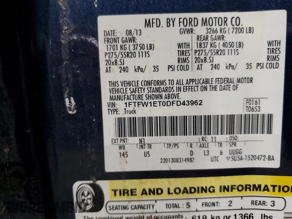2013 Ford F-150 XL with VIN 1FTFW1ET0DFD43962, listed as a Copart auction lot 88587115 with 209,801 mi miles and Salvage Title. Bid and sale history available at carsss.com. Image 14.