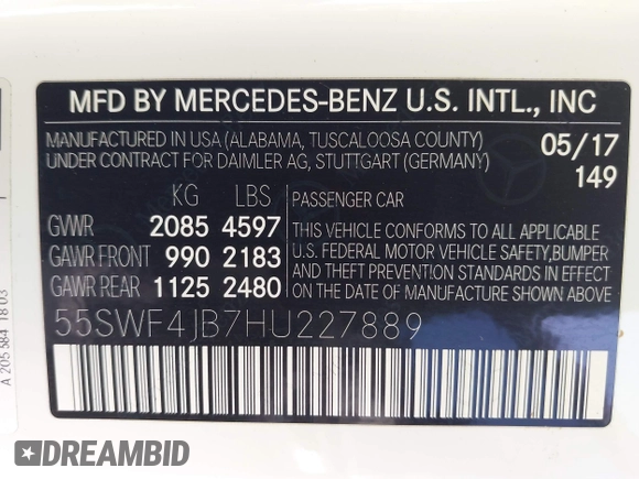2017 Mercedes-Benz C 300 with VIN 55SWF4JB7HU227889, listed as a IAAI auction lot 42624242 with 44,618 mi miles and . Bid and sale history available at DreamBid. Image 9.