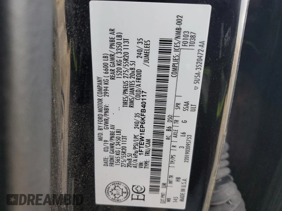 2019 Ford F-150 XL z VIN 1FTEW1EP6KFB40117, wystawiony jako Copart lot #51118595 z przebiegiem 103 964 mil mil oraz Szkoda całkowita • Salvage title. Historia ofert i sprzedaży dostępna na DreamBid. Obrazek 12.