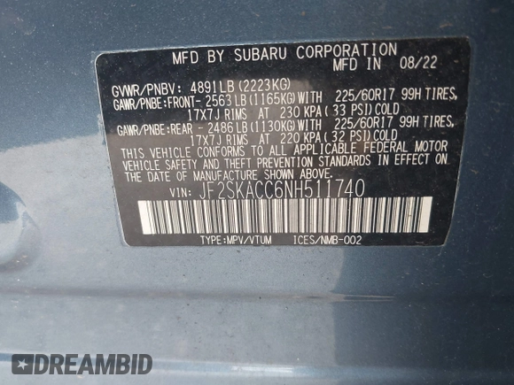 2022 Subaru Forester with VIN JF2SKACC6NH511740, listed as a IAAI auction lot 42559530 with Not provided miles and . Bid and sale history available at DreamBid. Image 9.