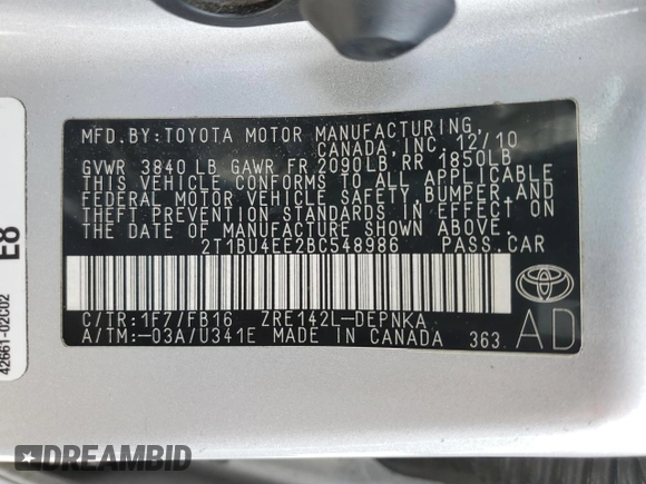 2011 Toyota Corolla L with VIN 2T1BU4EE2BC548986, listed as a Copart auction lot 51540885 with 154,823 mi miles and Clean Title. Bid and sale history available at carsss.com. Image 12.