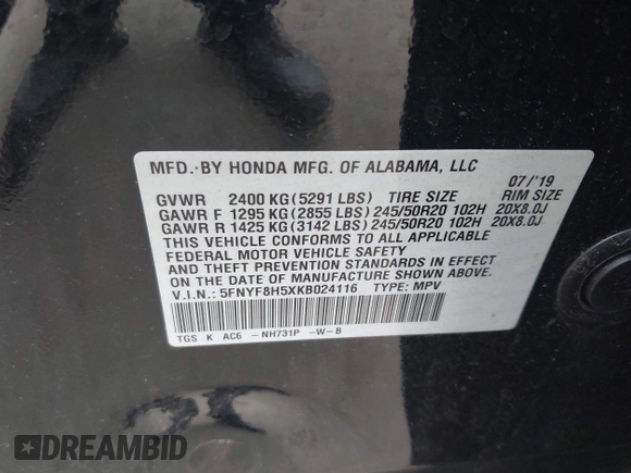 2019 Honda Passport EX-L with VIN 5FNYF8H5XKB024116, listed as a IAAI auction lot 42055543 with 68,641 mi miles and . Bid and sale history available at DreamBid. Image 9.