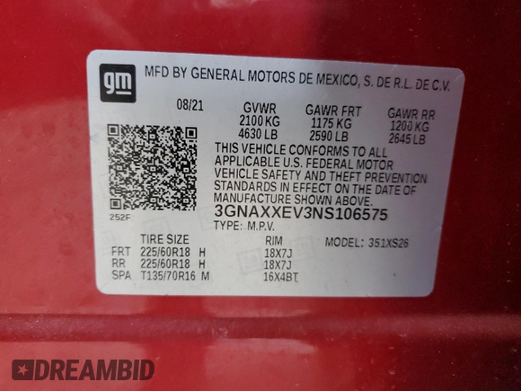 2022 Chevrolet Equinox Premier z VIN 3GNAXXEV3NS106575, wystawiony jako Copart lot #47124345 z przebiegiem 44 737 mil mil oraz Szkoda całkowita • Salvage title. Historia ofert i sprzedaży dostępna na DreamBid. Obrazek 14.