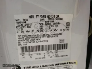 2013 Ford F-150 XL with VIN 1FTFW1CF4DKD30720, listed as a Copart auction lot 51779115 with 66,772 mi miles and Salvage Title. Bid and sale history available at carsss.com. Image 12.