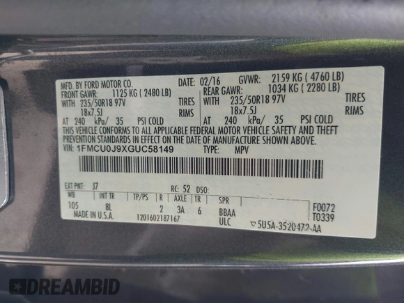 2016 Ford Escape Titanium with VIN 1FMCU0J9XGUC58149, listed as a IAAI auction lot 41739005 with 111,594 mi miles. Bid and sale history available at carsss.com. Image 9.