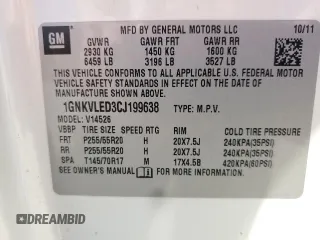 2012 Chevrolet Traverse LTZ z VIN 1GNKVLED3CJ199638, wystawiony jako Copart lot #50162545 z przebiegiem Nie podano mil oraz Czysty tytuł • Clean title. Historia ofert i sprzedaży dostępna na DreamBid. Obrazek 13.