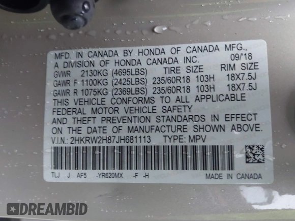 2018 Honda CR-V EX-L with VIN 2HKRW2H87JH681113, listed as a IAAI auction lot 41961301 with 85,672 mi miles. Bid and sale history available at carsss.com. Image 9.