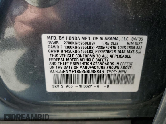 2005 Honda Pilot EX-L with VIN 5FNYF18525B038846, listed as a Copart auction lot 52600515 with 199,683 mi miles and Salvage Title. Bid and sale history available at carsss.com. Image 14.