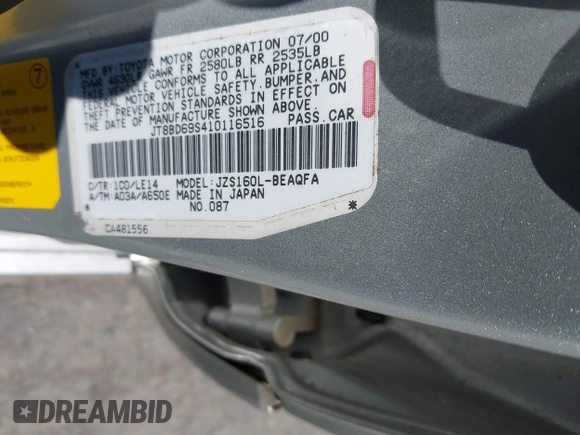 2001 Lexus GS 300 with VIN JT8BD69S410116516, listed as a IAAI auction lot 42143998 with 267,706 mi miles and . Bid and sale history available at DreamBid. Image 9.
