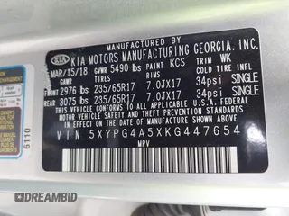 2019 Kia Sorento LX z VIN 5XYPG4A5XKG447654, wystawiony jako IAAI lot #41943667 z przebiegiem 84 241 mil mil oraz . Historia ofert i sprzedaży dostępna na DreamBid. Obrazek 9.