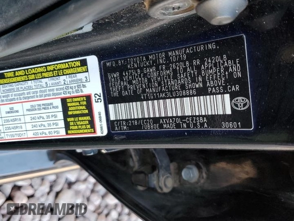 2020 Toyota Camry SE with VIN 4T1G11AK3LU308886, listed as a Copart auction lot 52181765 with 89,999 mi miles and Salvage Title. Bid and sale history available at carsss.com. Image 14.