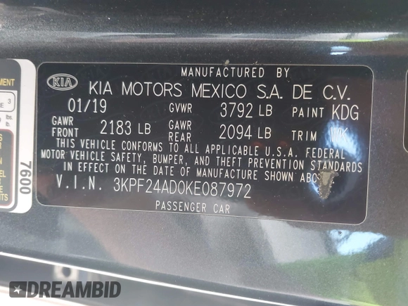 2019 Kia Forte LXS z VIN 3KPF24AD0KE087972, wystawiony jako IAAI lot #42252390 z przebiegiem 118 537 mil mil oraz . Historia ofert i sprzedaży dostępna na DreamBid. Obrazek 9.