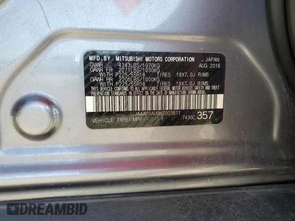2017 Mitsubishi Outlander ES with VIN JA4AR3AU0HZ003611, listed as a Copart auction lot 86132294 with 147,579 mi miles and Salvage title. Bid and sale history available at DreamBid. Image 15.