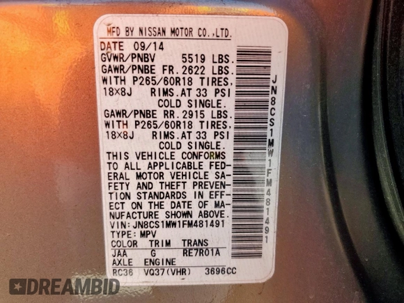 2015 Infiniti QX70 with VIN JN8CS1MW1FM481491, listed as a Copart auction lot 58841045 with 196,155 mi miles and Salvage title. Bid and sale history available at DreamBid. Image 13.