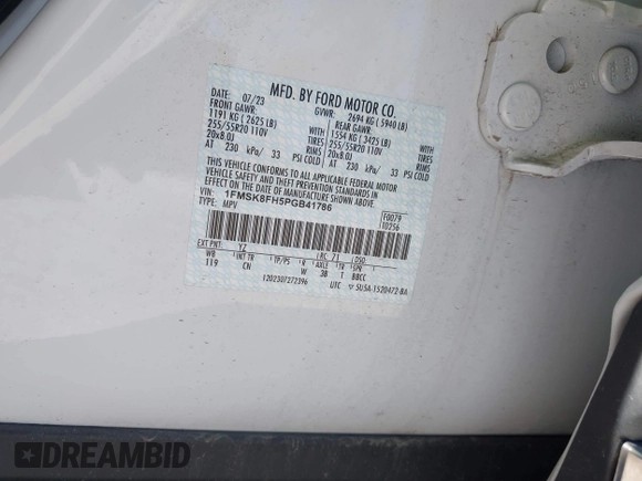 2023 Ford Explorer Limited with VIN 1FMSK8FH5PGB41786, listed as a IAAI auction lot 42725057 with 35,363 mi miles and . Bid and sale history available at DreamBid. Image 9.
