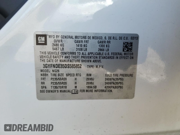 2013 Cadillac SRX Performance Collection z VIN 3GYFNDE35DS585852, wystawiony jako Copart lot #53179435 z przebiegiem 146 814 mil mil oraz Szkoda całkowita • Salvage title. Historia ofert i sprzedaży dostępna na DreamBid. Obrazek 14.