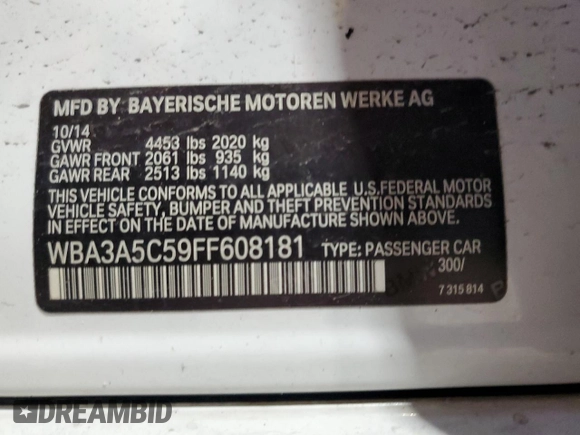 2015 BMW 3 Series 328i with VIN WBA3A5C59FF608181, listed as a Copart auction lot 87818325 with 155,248 mi miles and Salvage Title. Bid and sale history available at carsss.com. Image 13.