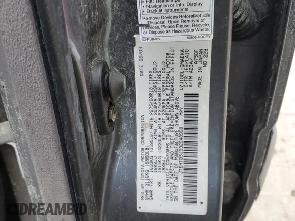 2003 Toyota Land Cruiser with VIN JTEHT05J932048998, listed as a Copart auction lot 88361125 with 0 mi miles and Salvage Title. Bid and sale history available at carsss.com. Image 13.