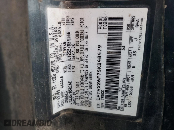 1995 Ford F-250 with VIN 1FTHX26F7SKB48479, listed as a Copart auction lot 81750924 with 309,245 mi miles and Salvage title. Bid and sale history available at DreamBid. Image 14.