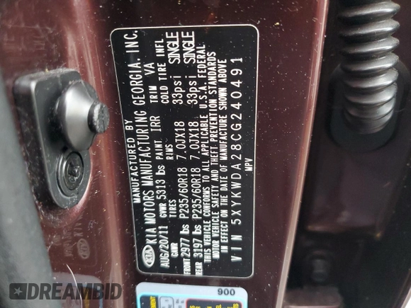 2012 Kia Sorento SX with VIN 5XYKWDA28CG240491, listed as a Copart auction lot 46829105 with 156,129 mi miles and Salvage Title. Bid and sale history available at carsss.com. Image 15.