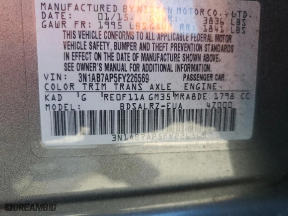 2015 Nissan Sentra S with VIN 3N1AB7AP5FY226569, listed as a Copart auction lot 50760465 with 139,144 mi miles and Salvage Title. Bid and sale history available at carsss.com. Image 13.