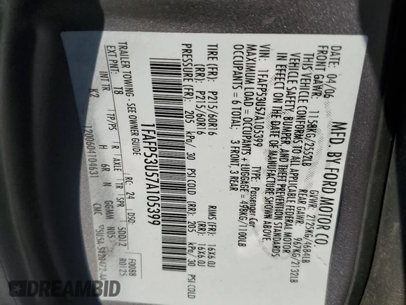 2007 Ford Taurus SE with VIN 1FAFP53U57A105399, listed as a Copart auction lot 44436805 with Not provided miles and Salvage title. Bid and sale history available at DreamBid. Image 12.