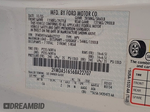2006 Ford Freestar SE z VIN 2FMDA51656BA22707, wystawiony jako IAAI lot #41754405 z przebiegiem Nie podano mil oraz . Historia ofert i sprzedaży dostępna na DreamBid. Obrazek 9.