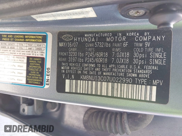 2007 Hyundai Veracruz GLS with VIN KM8NU13C07U022990, listed as a IAAI auction lot 42219988 with 276,884 mi miles and . Bid and sale history available at DreamBid. Image 9.