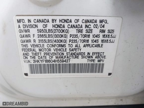 2004 Honda Pilot EX with VIN 2HKYF18604H559427, listed as a IAAI auction lot 42045954 with 361,939 mi miles. Bid and sale history available at carsss.com. Image 9.