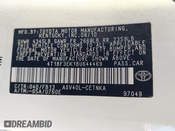 2011 Toyota Camry LE z VIN 4T1BF3EK1BU644469, wystawiony jako IAAI lot #41518325 z przebiegiem 115 485 mil mil oraz . Historia ofert i sprzedaży dostępna na DreamBid. Obrazek 9.