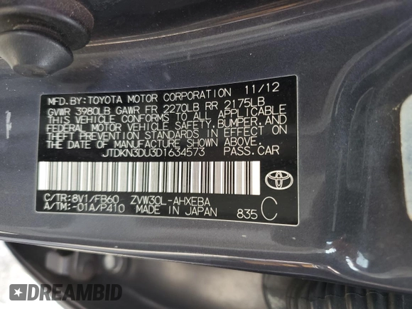 2013 Toyota Prius One with VIN JTDKN3DU3D1634573, listed as a Copart auction lot 48707415 with 122,994 mi miles and Salvage Title. Bid and sale history available at carsss.com. Image 13.