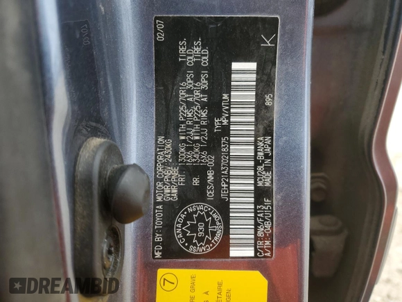 2007 Toyota Highlander z VIN JTEHP21A370218375, wystawiony jako Copart lot #52614315 z przebiegiem 121 718 mil mil oraz Szkoda całkowita • Salvage title. Historia ofert i sprzedaży dostępna na DreamBid. Obrazek 14.