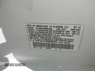 2014 Honda Ridgeline Sport with VIN 5FPYK1F78EB002943, listed as a IAAI auction lot 41855493 with Not provided miles and . Bid and sale history available at DreamBid. Image 9.