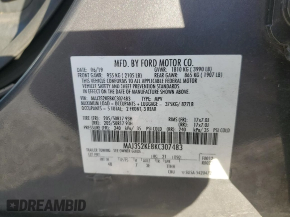 2019 Ford EcoSport Titanium with VIN MAJ3S2KE8KC307483, listed as a Copart auction lot 43940135 with 77,883 mi miles and Salvage Title. Bid and sale history available at DreamBid. Image 14.