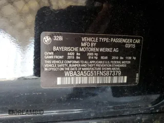 2015 BMW 3 Series 328i with VIN WBA3A5G51FNS87379, listed as a Copart auction lot 57752165 with 56,802 mi miles and Salvage title. Bid and sale history available at DreamBid. Image 12.