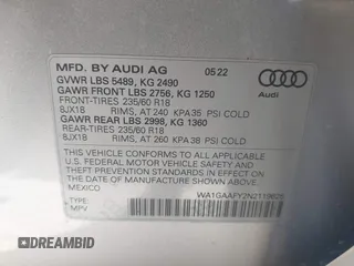 2022 Audi Q5 S line Premium with VIN WA1GAAFY2N2119625, listed as a IAAI auction lot 41979117 with 18,694 mi miles and . Bid and sale history available at DreamBid. Image 9.