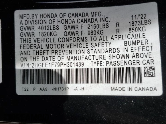 2023 Honda Civic Sedan EX with VIN 2HGFE1F79PH301489, listed as a Copart auction lot 49776375 with 20,175 mi miles and Salvage Title. Bid and sale history available at carsss.com. Image 14.