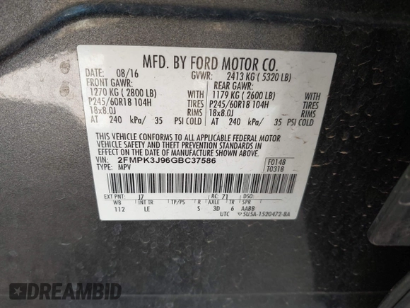 2016 Ford Edge SEL with VIN 2FMPK3J96GBC37586, listed as a IAAI auction lot 41726415 with 190,533 mi miles. Bid and sale history available at carsss.com. Image 9.