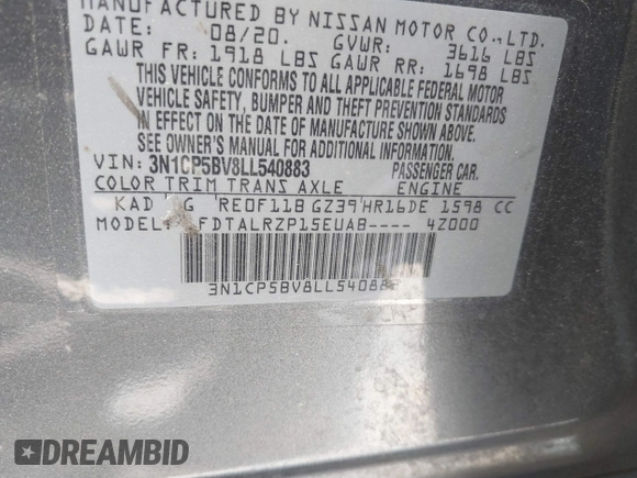 2020 Nissan Kicks S z VIN 3N1CP5BV8LL540883, wystawiony jako IAAI lot #41877777 z przebiegiem 98 001 mil mil oraz . Historia ofert i sprzedaży dostępna na DreamBid. Obrazek 9.